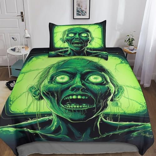 Rochile Grüner Zombie Bettwäsche-Set 3D Print Musterdesign Mit Reißverschluss Bettbezüge,dreiteiliger Bettbezug Set Microfaser Bettbezüge Single(135x200cm)