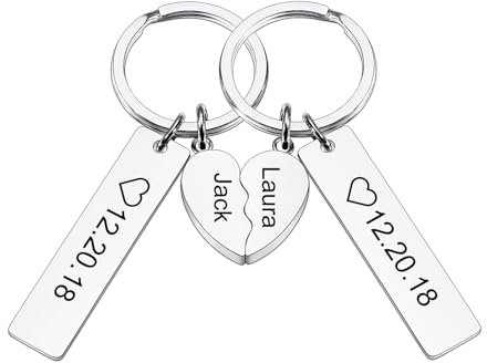 INBLUE Personnalisé Acier Inoxydable Couple Porte-clés Ensemble pour Femme Gravé Nom Date Cœur Puzzle Porte-clés Photo Ronde Étiquette Couper Porte-clés avec Nom Cadeau Significatif pour Couple - C1