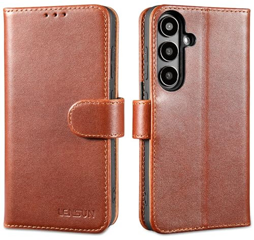 LENSUN Hülle für Samsung Galaxy S24 Echtleder, Handyhülle [Echtes Leder][Standfunktion][RFID Schutz] Lederhülle Handytasche für Galaxy S24 5G - Dunkelbraun