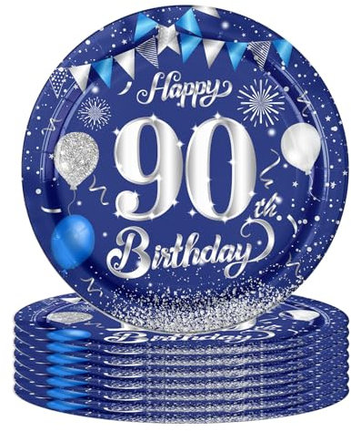 16 Navy Blue 90th Birthday Plates - 7 Paper Plates for 90th Party Decorations
