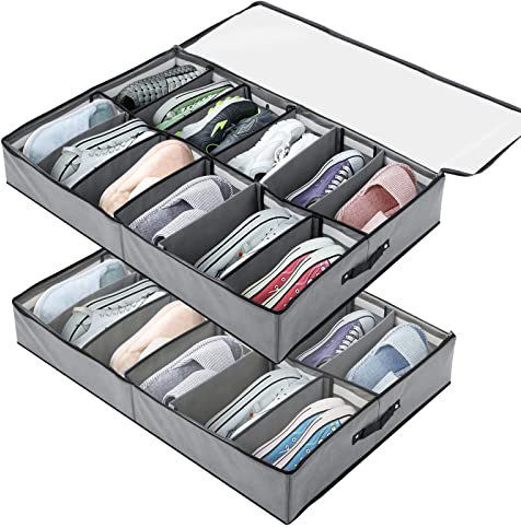Aenmido 2 PCS Folding Under Bed Shoe Storage Organizer,Under Bed Shoes Bag Fits 24 Pairs Total,Fabric Shoes Tidy Organizer for Closet with Double-Zip,Clear Window-Gray
