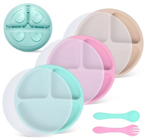 Lot de 3 Assiette Ventouse pour Bébé, 3 Couvercles, 1Cuillères, 1 Fourchettes,Ensemble d'Alimentation pour Bébés en Silicone sans BPA,Pour Les Tout-petits Et L'auto Alimentation