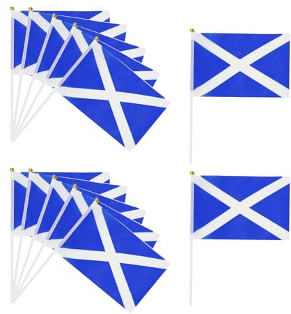 12 Pcs Scotland Bunting,Party Decorations Handheld Flags,Scottish Small Flag Hand-Waving with White Poles,for Football Cup Championship,Outdoor Garden,Car Accessories(14 * 21cm)