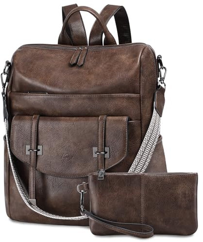 Kasgo Damen Rucksack PU Leder Modischer Freizeit Schulrucksack für Frauen Elegant Daypack Rucksäcke wandelbar Umhängetasche Vintage Reiserucksack Kaffee