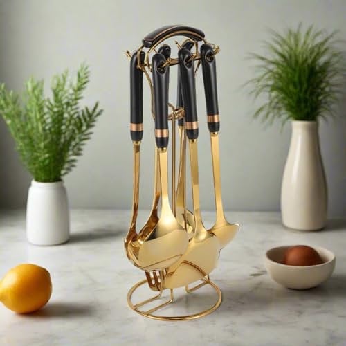 Posh Luxe 7-Piece Black and Gold Ceramic Kitchen Utensil Set with Stainless Steel Handles and Carousel - Heat Resistant, Dishwasher Safe, and Hygienic Tool Rest Design