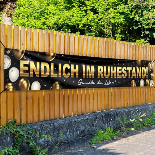 BETESSIN Ruhestand Deko Schwarz-Gold - Endlich im Ruhestand Banner 250x40cm - Renteneintritt Geschenk Männer Frauen - Hängende Dekoration für Rente Party - Pension Geschenk für Rentner und Rentnerin