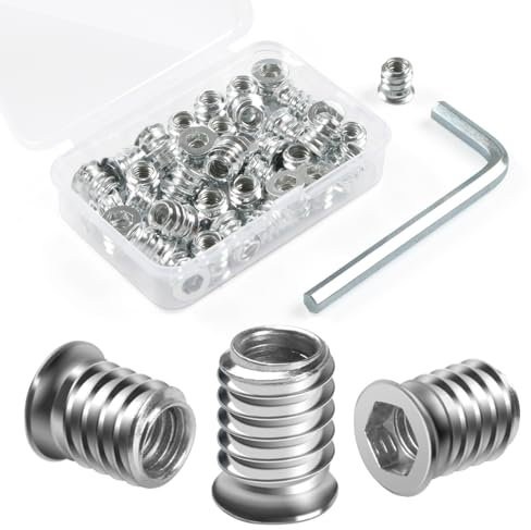 BOUMVID Dado Esagonale Incassato Inserti Filettati M6 x 10mm, 40 Pezzi Dadi Inserto di Fissaggio Viti a Esagono Filettato, Vite in Acciaio Zincato, Boccole Filettate per Legno per Mobili in Legno