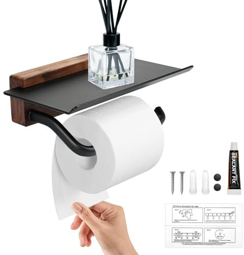 HEKOBAG Toilettenpapierhalter Holz mit Ablage Klopapierhalter Klorollenhalter ohne Bohren Holz WC Rollenhalter Schwarz WC Papier Halterung ohne Bohrung Holz Toilettenpapierhalterung für Bad Küche
