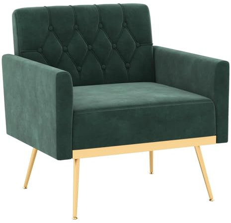 COSTWAY Velvet Accent Chair, Button-Tufted Upholstered Lounge Armchair Single Sofa Chair with Widened Seat and Gold Metal Legs, Modern Comfy Armchair Reading Chair for Living Room Bedroom (Dark Green)