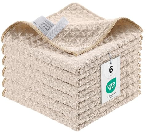 Moosfor Microfasertücher, 6er-Set, Saugfähige Fusselfrei Küchentücher Spültücher für Küche Dicke Barista Tuch Geschirrtücher Lappen, 30 x 30 cm, Beige