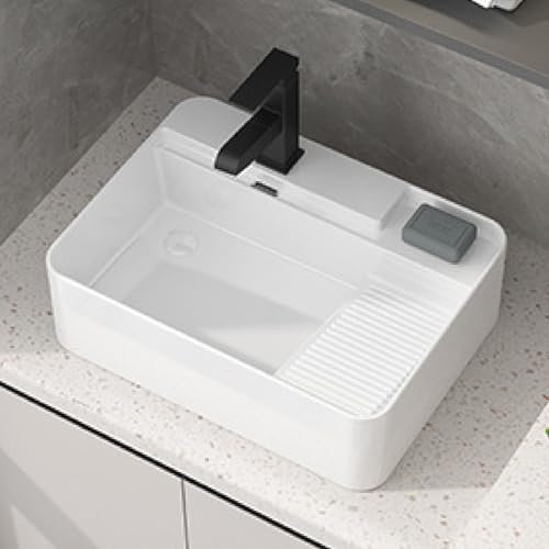 NSTVVEE Lavandino da appoggio per Bagno in Ceramica, Resistente ai Graffi, Vasca per Lavanderia, lavabo con ASSE per Lavare, Balcone, Lavatrice, Hotel, Camper, Bagno (Bianco D a Sinistra d