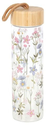 Stilvolle Glas-Wasserflasche mit Blumenmotiv und umweltfreundlichem Bambusdeckel, 600 ml, Pastellblumen-Design, nachhaltig, leicht zu tragen, ideal für Arbeit, Fitnessstudio oder Outdoor-Abenteuer,