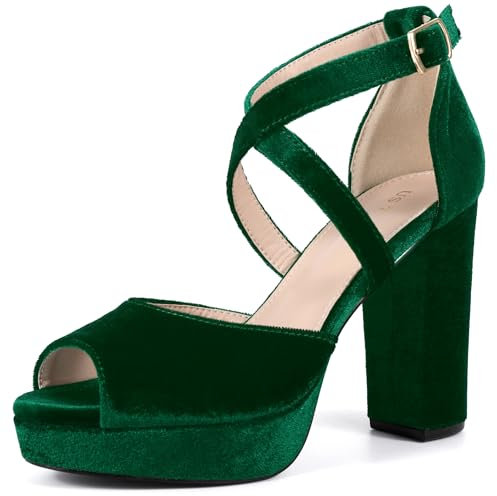 Perphy Peep Toe Pumps Velvet Crisscross Strap Block Heel Platform Sandals for Women Emerald Green 6 UK/Label Size 8 US
