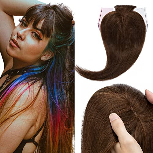 Elailite Haartopper Extensions Frauen Toupet mit Bang 100% Remy Echthaar 7 * 13cm Basis Clip in Haarverdichtung #04 Mittelbraun - 30cm