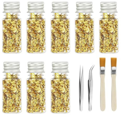 RYAN 8 Flasche Imitation Blattgold mit 2 Pinzette und 2 Pinsel Blattgold zum Basteln Vergoldete Fragmente für Harzkunst Kunsthandwerk Schmuckherstellung Blattgold Acrylmalerei
