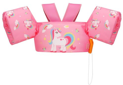 MoKo Chaleco de Natación para Niños de 20-50 lbs, Flotadores de Piscina de Dibujos Animados con Diseño en Forma de Y, Correas de Seguridad y Silbato de Emergencia, Rosa & Unicornio Colorido