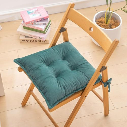 Quadratische Plüsch-Stuhlkissen, verdickte, einfarbige Samt-Sitzkissen, weich, rutschfest, waschbar, atmungsaktiv, Kissen mit Bändern für Esszimmer, Küche, Büro, Garten, Dunkelgrün, 45 x 45 cm (2
