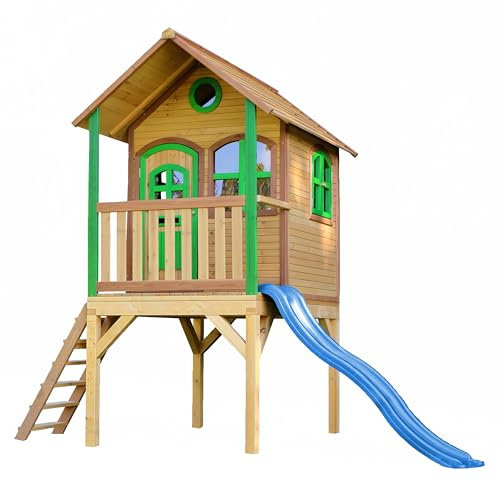 AXI Laura Playhouse for Kids Outdoor & blue slide | Garden/outdoor play house in brown & green made of FSC wood | Children's playground