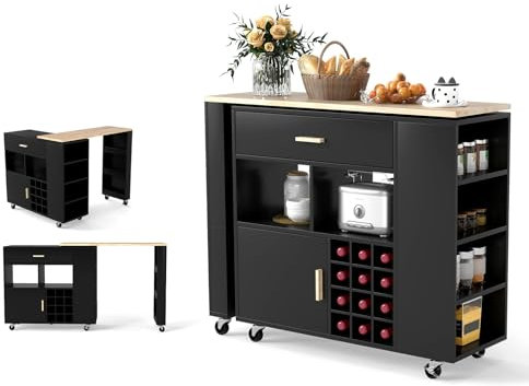 KOMFOTTEU Carro de Cocina con Encimera Giratoria, Isla de Cocina con Cajón, Botellero para 12 Botellas de Vino, Carrito Auxiliar con Estante Ajustable, Mueble Buffet para Comedor, Bar (Negro)