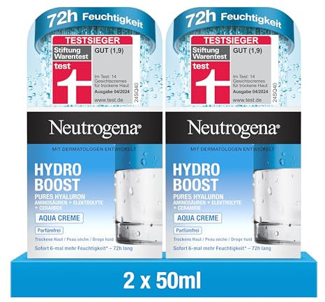 Neutrogena Hydro Boost Aqua Creme (2x50 ml), parfümfreie Gesichtscreme mit Hyaluronsäure, Aminosäuren, Elektrolyten und Ceramiden, intensive Gesichtspflege für glatte und geschmeidige Haut, Doppelpack
