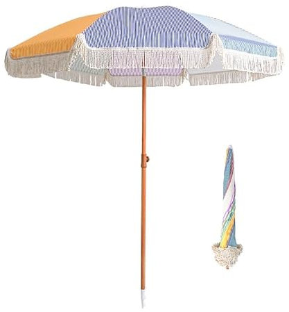 GSKFXJ 180cm Parasol De Plage Bohème avec Frange, Parasol De Marché Peut Être Incliné, Parapluies De Jardin Imperméable, Parapluies De Table De Marché