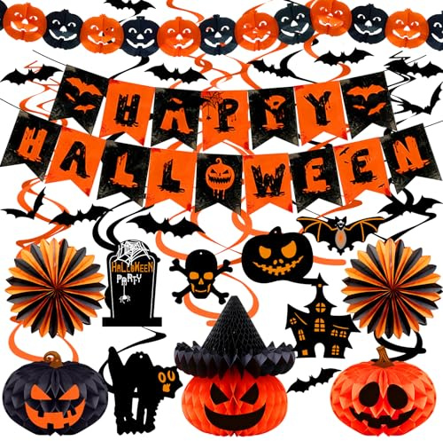 Halloween Party Decorations Happy Halloween Banner Pumpkin Garland Hanging Ceiling Decorations with Pumpkin Honeycomb Ball Tissue Paper Fan and 3D Bats for Home Indoor Outdoor Decor