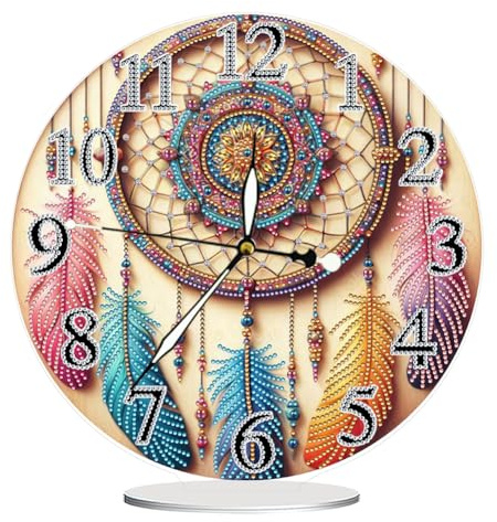 DIY Diamond Painting Uhr Deko,Leuchtend Wanduhr 5D Diamant Painting Tisch Deko Mit Uhrfunktion,Diamant Malerei Kunst Set Ornamente,Zuhause Deko Muttertagsgeschenk Geschenke für Frauen-Traumfänger
