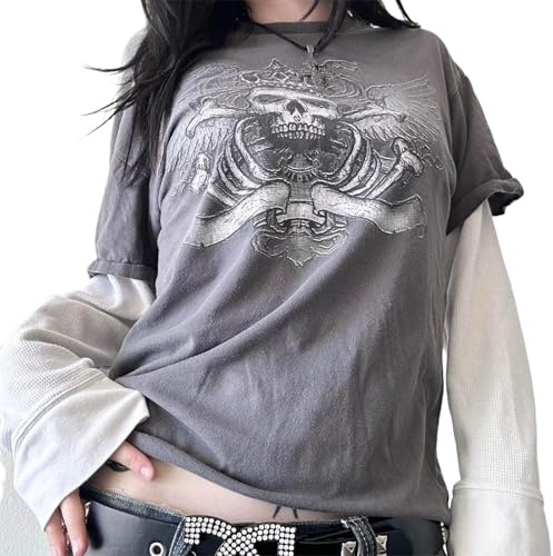 Y2k Fairy Grunge Graphic Long Sleeve Tees Tops Women E-Girls Aesthetic Gothic Skull Print Baggy T Shirts Emo Clothes (White, S)