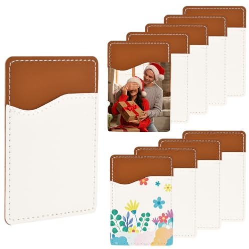 SOFPLATE 10 Pack 3.8 x 2.6 Inch Cellphone Adhesive Wallet Phone Card Holder Stick on Sublimation Blank PU Leather Transfer Rectangle Chocolate Card Pockets for Phone Back Case Vinyl Projects DIY Decor