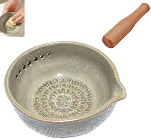 Grattugia per aglio fatta a mano x ciotola per erbe aromatiche, piatto per aglio in ceramica multifunzionale e pelapatate per erbe aromatiche con grattugia integrata per zenzero, formaggio, insalata