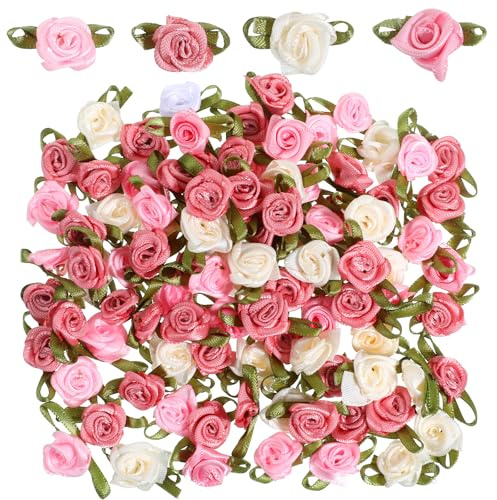 SHENLIU 100 stycken minirosor blommor, satinband rosetter med blad mini konstgjorda blommor flerfärgade blomapplikationer gör-det-själv hantverk för sömnad förpackning hantverk bröllop