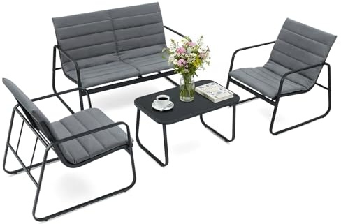 GOPLUS Salon de Jardin Exterieur 4 Personnes avec Coussins Amoivibles, 4+2 Pcs Salon de Jardin avec Canapé Jardin, 2 Chaises &1 Table Basse en Verre Trempé, pour Balcon, Terrasse, Cour