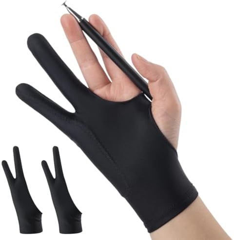 AEUXZA 2 Stück Zeichenhandschuh M-Größe 3-lagig Anti-Touch für iPad Grafiktablett Handschuhe Zeichnen Tablet Elastisch Drawing Glove Künstler Antifouling Schwarz