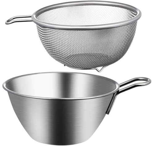 DOITOOL Passoire à Mailles Fines en Acier Inoxydable 2 Pcs Set avec Bol Mélangeur à Œufs Grand Format et Passoire Panier pour Fruits Légumes Lavage la Cuisine Professionnelle