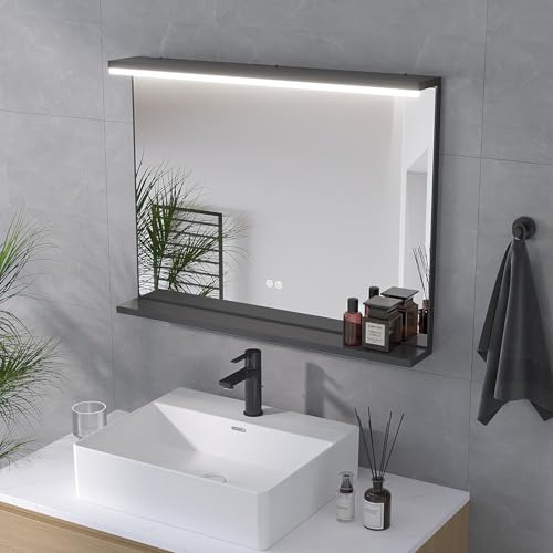AQUABATOS Badspiegel mit Beleuchtung und Ablage 80 x 60 cm Schwarzer Rahmen Led Bad Spiegel Badezimmerspiegel Beleuchtet Beschlagfrei, Touch-Schalter, Kaltweiß, Dimmbar, für Wandschalter