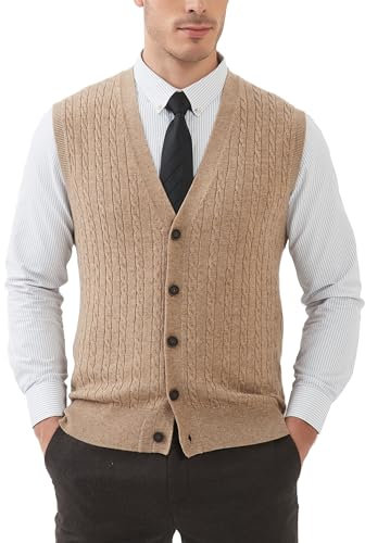 Kallspin Men’s Wool Blend Sweater Vest Cable-Knit Button Front Sleeveless Cardigan Smart Casual Jumper Knitwear(Coffee, XL)