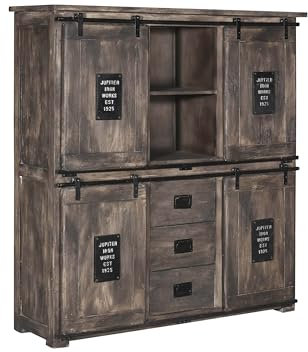 MASSIVMOEBEL24.DE Railway Highboard massiv Kommode groß Hochschrank Schrank Holzschrank Wohnzimmer Sideboard Mehrzweckschrank Mango 150x45x160 grau lackiert