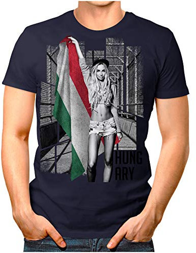 OM3® - Hungary-Soccer-Girl - Herren T-Shirt Fan Support Fußball Trikot Sexy Frau Ungarn Magyarország Vintage Navy XL