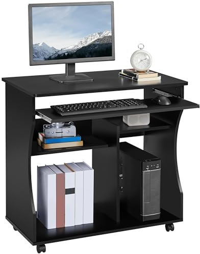 Yaheetech Movable Computer Desk on Wheels Office PC Laptop Table for Small Space, Home Office Compact Desk with Sliding Keyboard Tray, 2 Shelves Corner Desk Table Workstation Black, 80.1x48.1x76.2cm