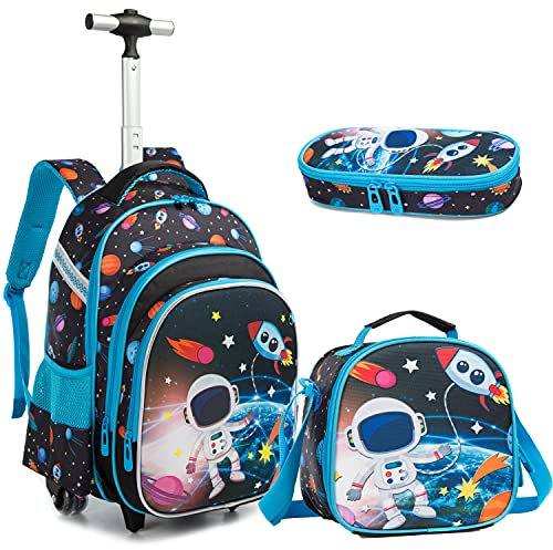 Egchescebo Zaino Trolley Scuola Astronauta dal Guscio Duro Elementare Bambino Ragazzi con Ruote Regoli da Viaggio Carrello Porta per La Bimba Ragazzo Media Asilo Superiori Rotelle 16 3Pcs Blu