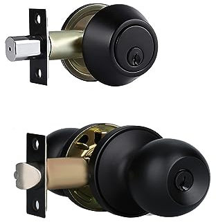 Exterior Door Knobs Exterior Door Lock Set with Deadbolt, Single Cylinder Deadbolt Door Locks with Keys, Keyed Alike,Matte Black Door Knob and Deadbolt(1Pack)