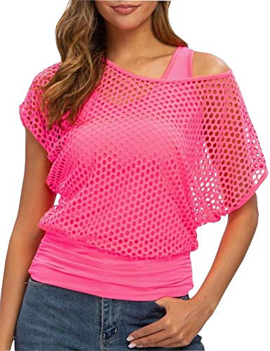 Smile Fish T-shirt sexy des années 80 en résille fluo avec épaules dénudées, Rose fluo, L