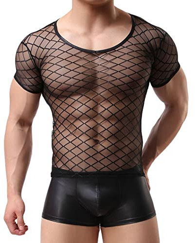 2022 Sexy Malla Camiseta Hombre Verano Manga Corta Moda Originales Camiseta Casual T-Shirt lencería Perspectiva Camiseta Cuello Redondo Suave básica Tops Camiseta