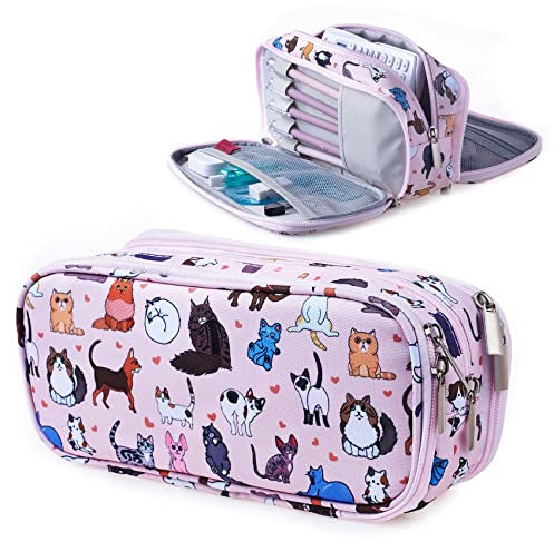 LParkin Niedliche Katze Federmäppchen Super Große Kapazität 3 Fächer Leinwand Federmäppchen Kawaii Make-up Tasche Katze Geschenke für Jungen Mädchen, orange, Tragbar