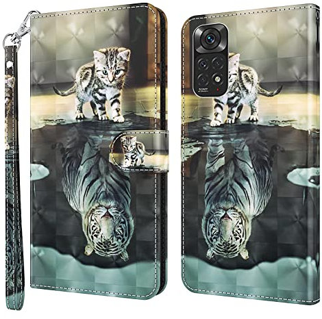 GLANDOTU Handyhülle für Xiaomi Redmi Note 11/11S 4G Hülle 6.43 Zoll Klappbar Ledertasche [Weicher TPU] [Magnet] [Kartensteckplatz] Ständer Flip Cover Case für Note 11 Schutzhülle - Katze & Tiger