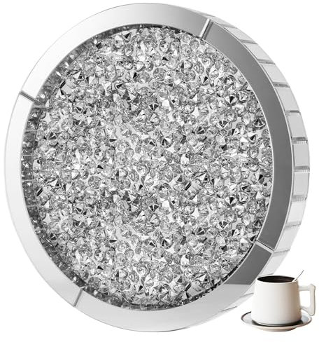 SHYFOY 35 CM Vassoio per Gioielli a Specchio Vassoio Decorativo con Diamante in Cristallo Argento Vassoio per Profumi in Vetro Rotondo Organizer per Trucco per la Casa