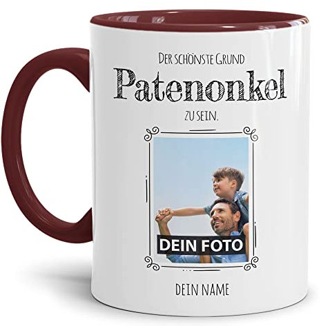 Tasse mit Spruch - Der schönste Grund Patenonkel zu sein - Personalisierbare Keramiktasse mit Namen und Foto - Geschenk Patenonkel - Innen & Henkel Weinrot, 300 ml