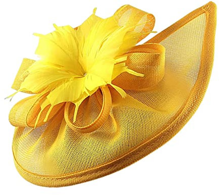 F Fityle Feder Fascinator Hut Cocktail Tea Party Damen Kopfbedeckung Elegant, GELB