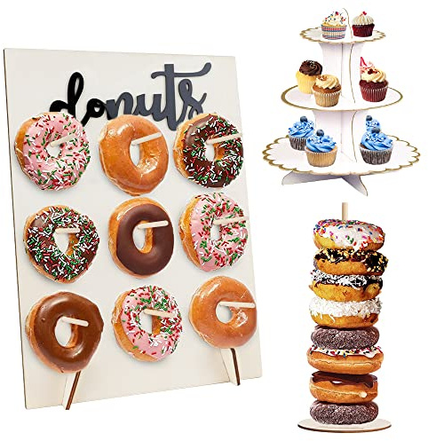 BOJVESH 3-Tier Reusable Wood & Cardboard Donut Cupcake Display Stand Set | Natural wood, 1pc cake tower, display board and donut stand, Perfect for wedding, birthday parties and table arrangement