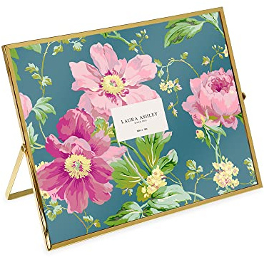 Laura Ashley 8x10 Gold Flat Metal Picture Frame (Horizontal) with Pull-Out Easel Stand, Made for Tabletop, Counterspace, Shelf and Desk (10x8, Gold)